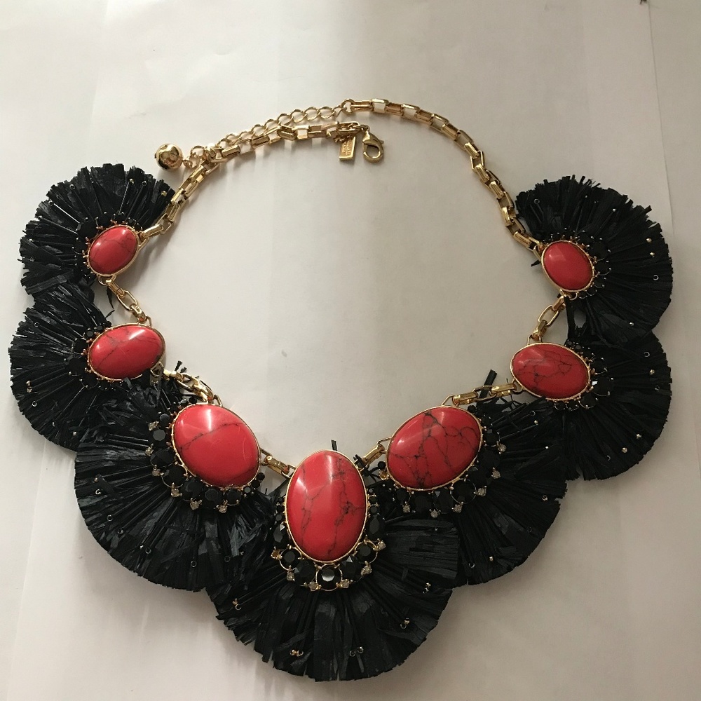 KATE SPADE NECKLACE BLACK RAFFIA ORANGE STONE